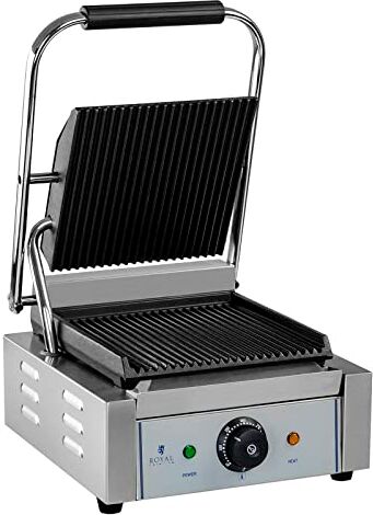 Royal Catering RCCG-1800G Tostiera Piastra Panini Elettrica Grill a Contatto Sandwich Maker (1.800 W, 23 x 22 cm, 230 V, Contenitore di Raccolta del Grasso) Acciaio Inox