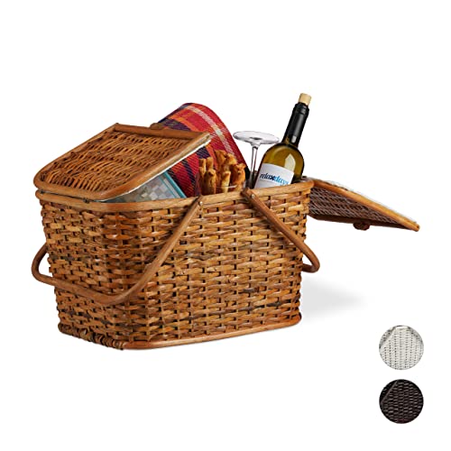 Relaxdays Cestino da Picnic con Coperchio, Intrecciato, Fodera in Tessuto, Manici, Cesto per Spesa, Fatto A Mano, Rattan, Miele