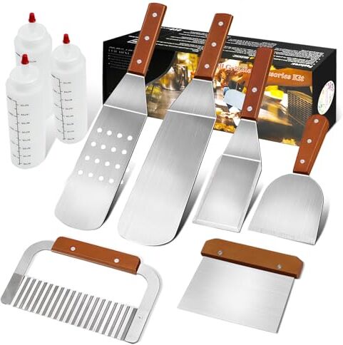 MAIKEHIGH 9 Pezzi Accessori di Spatola Acciaio Set Spatole Barbecue Inox Cucina Kit Gravosi Utensili Griglia Attrezzi per BBQ, Teppanyaki, Grill, Piastra Piatta, Grigliare, Cottura Regali Natale