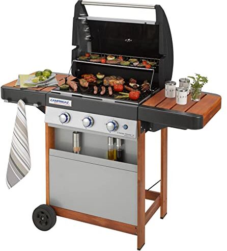 Campingaz Gas BBQ serie 3 Woody LX, barbecue a gas in acciaio inox a 3 fuochi, carrello per barbecue in legno e tavolini laterali, grill a gas con griglia e piastra in ghisa, plancha, grill da giardino, facile pulizia del barbecue