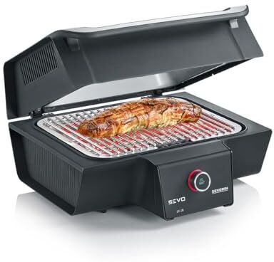 Severin SEVO GT Barbecue Elettrico con Opzione Cottura Lenta, Grill Elettrico 3000W per Interni ed Esterni, Griglia Elettrica con Avvio Rapido fino a 500°C, Inox/Nero, PG