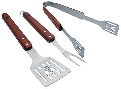 LAGUIOLE Set Barbecue 3 Pezzi Utensili Spatola Forchetta Pinze Acciaio inossidable, Legno Confezione Regalo per Verdure, Carne, Pesce, grigliate Acciaio Inox, Legno Marrone Scuro