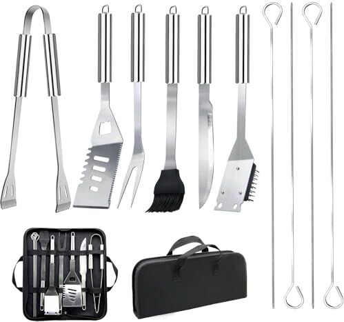 JUAUO 11Pcs Kit BBQ Accessori Barbecue Professionale In Acciaio Inox, Pratico Utensili Barbecue Attrezzi Con Borsa Portatile, Set Barbecue Accessori Regalo Uomo Cortile Campeggio All'aperto Cucina Picnic