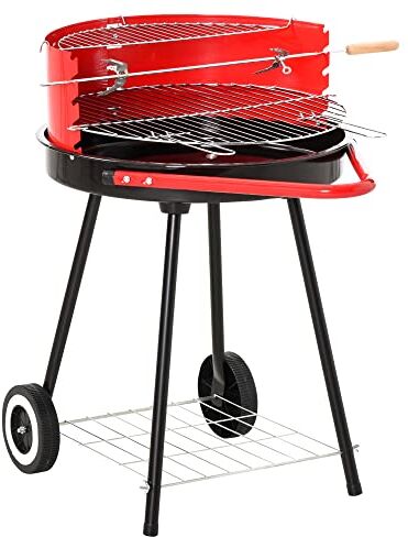 Outsunny Grill BBQ Barbecue a Carbonella Doppia Griglia Regolabile con Ruote Acciaio 51x70x75.5cm Nero e Rosso