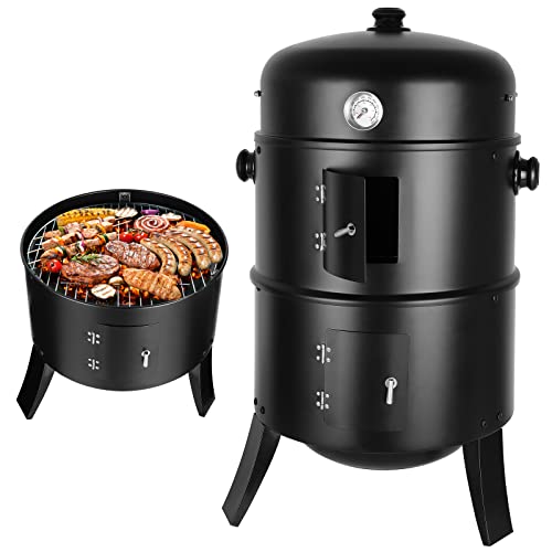 TLGREEN Affumicatura, 3 in 1 smoker, barbecue carbone fumatore, Ø44,5 x 80 cm, con scarico dell'aria regolabile e termometro, ciotola dell'acqua, 2 griglie (φ 37,5 cm), per affumicare, grigliare e cuocere