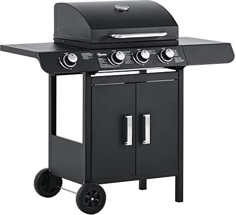 Outsunny Barbecue a Gas con Coperchio, 4 Bruciatori Totali da 11.6kW e Termometro, Fornello Laterale, Mensola e 2 Ruote, 110x50x100cm Nero