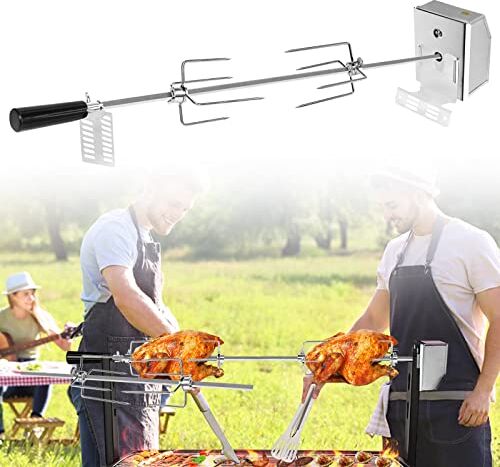 HENGMEI Spiedo da barbecue in acciaio inox, set da 107 cm, pinza per carne con motore con aghi per carne, 220 V – 240 V, spiedino elettrico, girarrosto