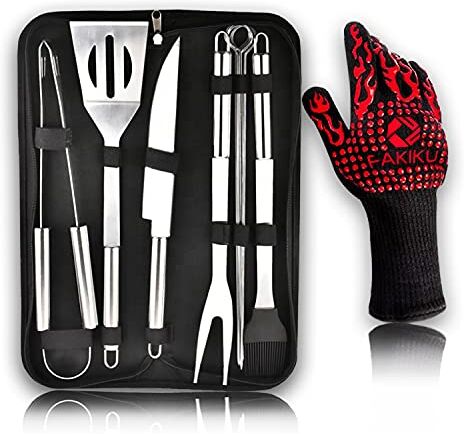 fakiku Kit Barbecue + 2 GUANTI Ignifughi Per Alte Temperature Set Utensili Da Cucina Acciaio Per Grigliare o Arrostire Al Camino Carbonella Legna Accessori Barbecue + Borsa per Feste e Campeggio