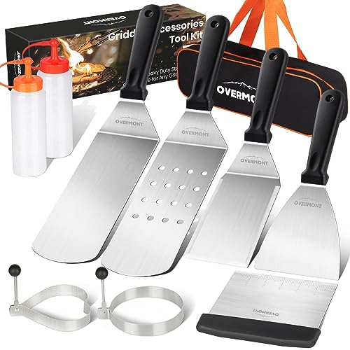 OVERMONT 9 Pezzi Set Barbecue Professionale Spatola Acciaio Inox Cucina Kit di Accessori per Grill, Ideale per Griglia, Cucina da Campeggio,Impasto Pizza,Feste All'aperto