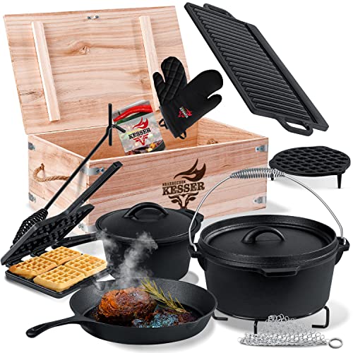 KESSER ® Dutch Oven Set in Scatola di Legno con Forno Olandese con Molti Accessori ghisa già Bruciato con pentola di Cottura Piastra Grill Padella Coperchio Sollevatore I 12 Pezzi