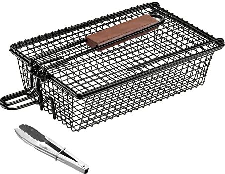 Navaris Set 1x Cestello Griglia Barbecue 1x Pinza Cucina Acciaio Cestino BBQ Manico Pieghevole Grill Basket Antiaderente Cuoci Verdure Carne Pesce