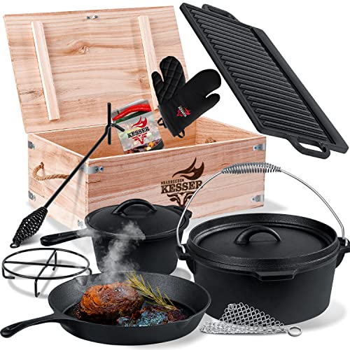 KESSER ® Dutch Oven Set in scatola di legno con forno olandese Con molti accessori ghisa già bruciato con pentola di cottura piastra grill padella coperchio sollevatore I 10 Pezzi