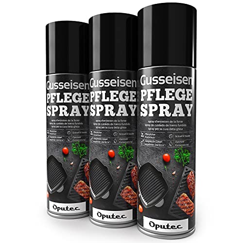 Oputec 3 x 500ml Bomboletta Spray Cura della ghisa Accessori Ideali per la Protezione e la Cura di Griglie, padelle, pentole, forni Olandesi, girarrosti in ghisa Protettivo Antiaderente per ghisa