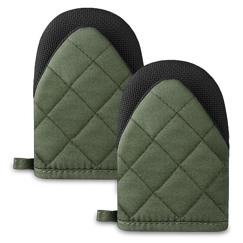 AUAUY Guanto da Forno con Silicone, 2 Pezzi Mini Guanto da Forno Antiscivolo, Silicone Guanti per Forno, Guanti Resistenti al Calore, Guanto da Forno in Cotone, per Cottura e Grigliate（Verde）