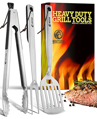 Mountain Grillers 3 strumenti per barbecue Set di utensili per barbecue in acciaio inossidabile resistente con pinze, spatola e forchetta per carne Idea regalo per uomini e amanti della carne