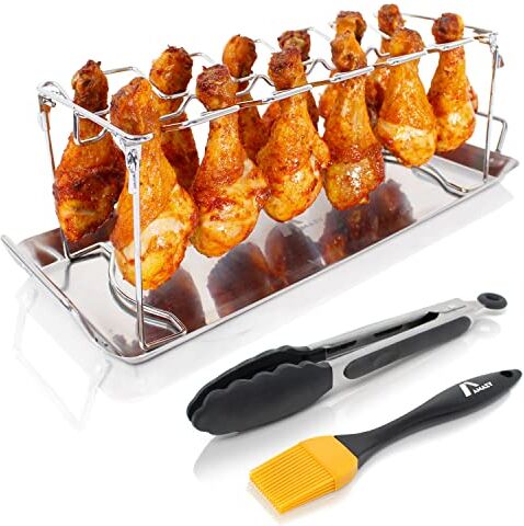 AMAZY Supporto per Cosce di Pollo incl. Vassoio Anti-sgocciolamento + Spazzola BBQ + Pinza + Pennello – Griglia arrosto Alette e coscette di Pollo in Acciaio Inox per Forno e Barbecue