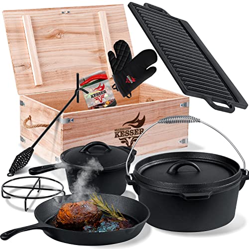 KESSER ® Dutch Oven Set in scatola di legno con forno olandese Con molti accessori ghisa già bruciato con pentola di cottura piastra grill padella coperchio sollevatore I 9 Pezzi