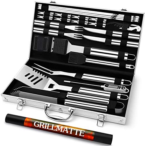 Grilliance Set di 26 accessori per barbecue in acciaio inox di alta qualità, set di posate da barbecue, perfetto come regalo per uomini, con valigetta portatile e termometro per carne, colore argento