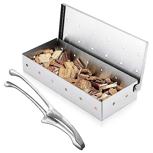 TINMIX Scatola per affumicatura in acciaio inox per grigliare trucioli di legno con pinza per alimenti, camera di fumo perforata, accessorio per barbecue a carbone/barbecue a gas