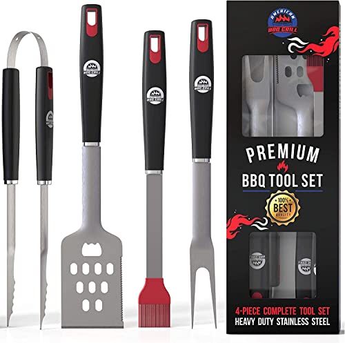 American BBQ Grill Set di strumenti per barbecue – Utensili da barbecue di alta qualità – Kit di 4 pezzi: spatola, pinze, forchetta e spazzola per imbastitura –barbecue resistenti in acciaio inox – 10 anni di garanzia