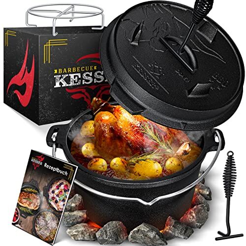 KESSER ® Set forno olandese, Casseruola per barbecue, pentola in ghisa con manico per sollevare il coperchio e fessura per termometro, per barbecue, pentola per gulasch, uso esterno e interno