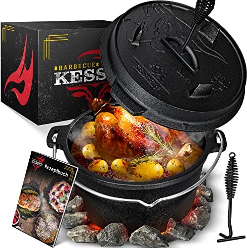 KESSER ® Set forno olandese, Casseruola per barbecue, pentola in ghisa con manico per sollevare il coperchio e fessura per termometro, per barbecue, pentola per gulasch, uso esterno e interno