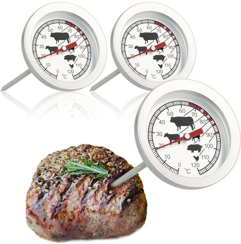 com-four ® 3x Termometro per Arrosto in Acciaio Inossidabile Termometro Analogico per Carne fino a 120°C Termometro per Griglia Ago per Carne- 10 cm (003 pezzi)