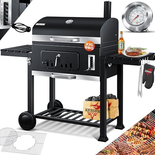 KESSER ® Barbecue con Carrello XXL Barbecue a carbonella con Coperchio, Ruote, Manico in Acciaio Inox, griglia e termometro a carbonella,Grande Barbecue a carbonella Barbecue da Campeggio