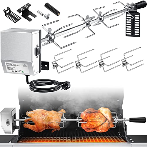 KESSER ® Set di spiedini per griglia in Acciaio Inox 107 cm Adatto per griglia a Gas Weber Spirit con 4 Aghi per Carne Clip per Carne per Barbecue, Manico e girarrosto a Motore girarrosto Elettrico