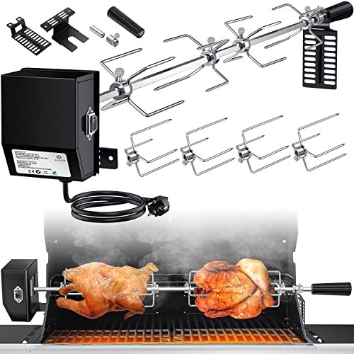 KESSER ® Set di spiedini per griglia in Acciaio Inox 107 cm Adatto per griglia a Gas Weber Spirit con 4 Aghi per Carne Clip per Carne per Barbecue, Manico e girarrosto a Motore girarrosto Elettrico