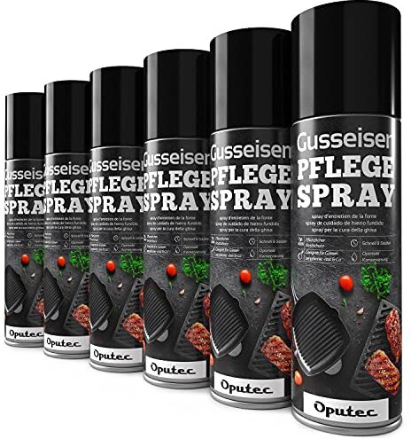 Oputec 6 x 500ml Bomboletta Spray Cura della ghisa Accessori Ideali per la Protezione e la Cura di Griglie, padelle, pentole, forni Olandesi, girarrosti in ghisa Protettivo Antiaderente per ghisa