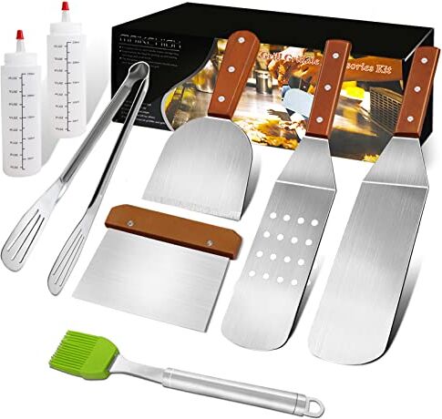 MAIKEHIGH Set di Spatole Barbecue Kit, 8 Pezzi Spatola Acciaio Inox Cucina Accessori Gravosi Utensili Griglia Attrezzi per BBQ, Teppanyaki, Campeggio, Grill, Piastra Piatta, Grigliare, Cottura