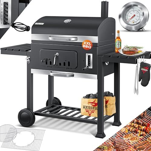 KESSER ® Barbecue con Carrello XXL Barbecue a carbonella con Coperchio, Ruote, Manico in Acciaio Inox, griglia e termometro a carbonella,Grande Barbecue a carbonella Barbecue da Campeggio