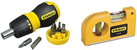 Stanley 0-66-358 Cacciavite Portainserti Magnetico, Set Di 6 Inserti, Nano Cricchetto & 0-42-130 Livella Tascabile