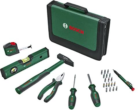 Bosch Set di utensili manuali universali da 25 pezzi (kit di attrezzi versatile per uso generico fai da te in tutta la casa; pinze combinate; metro a nastro; livella a bolla, martello