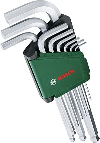 Bosch Set di Chiavi a Brugola 9 Pezzi, Multifunzione in Acciaio S2, 1.5-10 mm, Braccio Lungo, Estremità Sfera per Scostamenti 30 Gradi, Fermaglio Stivaggio, Antiruggine