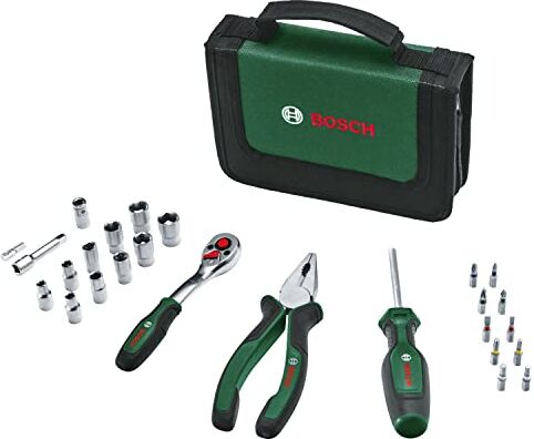 Bosch Set di Utensili Manuali da 26 Pezzi, Kit Compatto e Portatile per Progetti Fai-Da-Te, Ottimo Trasportare, Cricchetto 1/4", Pinze Combinate, Cacciavite Universale, in Borsa