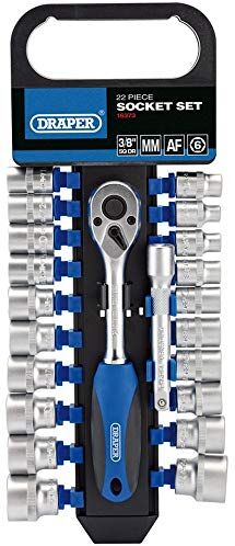 Draper DD22AM/PR quadrangolare, presa per mm/AF e cricchetto, blu, 3/20,3 cm, set di 22 pezzi