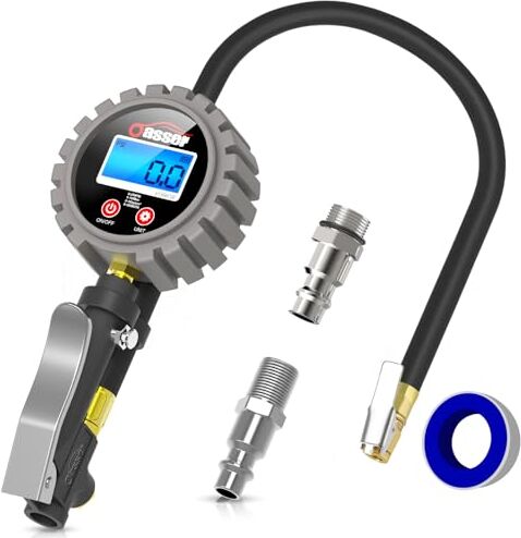 oasser Manometro Pressione Gomme Professionale, Manometro Digitale, Pistola Gonfiaggio Pneumatici 255 PSI Alta Precisione con Luce a LED e Schermo LCD per Auto, SUV, Camion, Moto e Biciclette