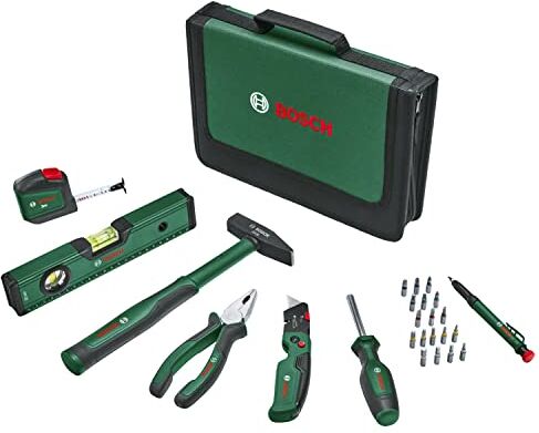 Bosch Set Universale di Utensili Manuali 25 Pezzi, Versatile Kit per Usi Fai-Da-Te in Ambito Domestico, Coltello Ripiegabile, Pinze Combinate, Metro a Nastro, Livella a Bolla, e Altro