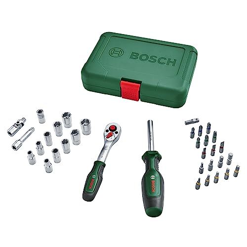 Bosch Set da 34 pezzi di cricchetti e bussole 1/4", versatile, per molteplici progetti fai-da-te, ergonomiche, impugnatura SoftGrip, portabit magnetico