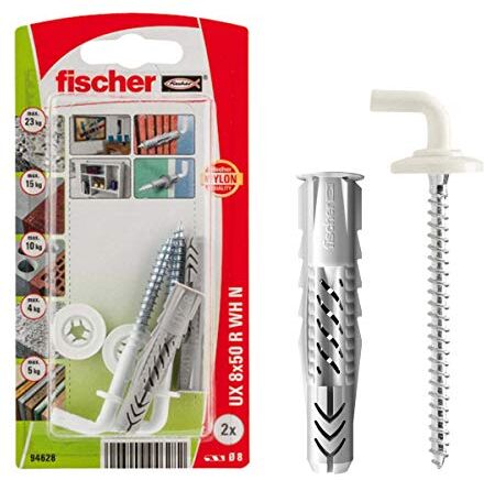 Fischer Tasselli UX 8 x 50 con Ganci Design, Bianco, 2 Pezzi, per Muro Pieno, Forati, Cartongesso, 94628