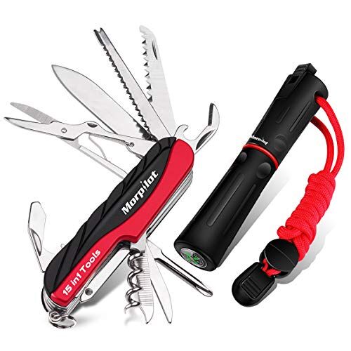 morpilot Coltello Multiuso e Pietra Focaia Set 15 in 1 Coltello Multiuso e 5 in 1 Fire Starter con Fischietto e Bussola per Il Campeggio, Escursioni e Emergenze