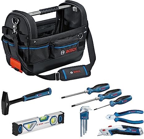 Bosch Combo Kit Gwt 20 + Set di Utensili Manuali (Incl. 3 Cacciaviti, Set da 9 Pezzi di Chiavi a Brugola, 1 Pinza a Cesoia a Taglio Diagonale, 1 Martello, 1 Livella da 25 Cm, 1 Coltello)