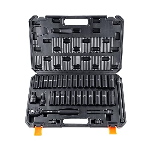 VEVOR Set di Bussole a Percussione da 1/2", Set da 33 Pezzi SAE 3/8"-1" Metrico 10-24 mm, Acciaio Legato Cr-V a 6 Punti per Riparazioni Auto, Marcature delle Dimensioni di Facile Lettura con Valigetta