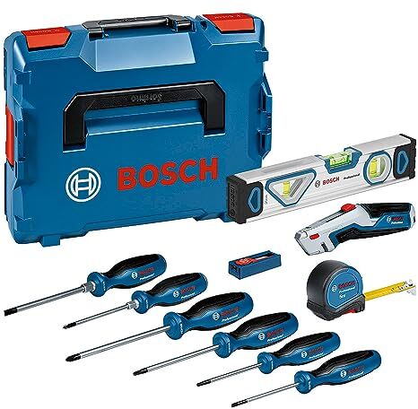 Bosch Kit di utensili manuali da 13 pezzi (incl. 6 cacciaviti, 1 metro a nastro da 5 m, 1 livella da 25 cm, 1 coltello, 10 lame di ricambio, in L-BOXX)