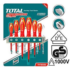 TOTAL Set di 6 Cacciaviti 3 a Testa Piatta e 3 a Testa Phillips Manico Bimateriale Certificato VDE Cromo Vanadio TOTAL Set di 6 Cacciaviti 3 a Testa Piatta e 3 a Testa Phillips Manico Bimateriale Certificato VDE Cromo Vanadio