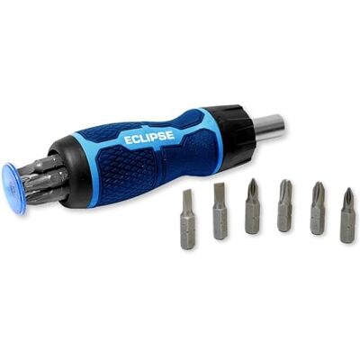 ECLIPSE Professional Tools Cacciavite a Cricchetto con 7 Inserti Intercambiabili, Impugnatura Ergonomica, Rangement Integrato, Azione a Cricchetto Fluida ECLIPSE Professional Tools Cacciavite a Cricchetto con 7 Inserti Intercambiabili, Impugnatura Ergonomica, Rangement Integrato, Azione a Cricchetto Fluida