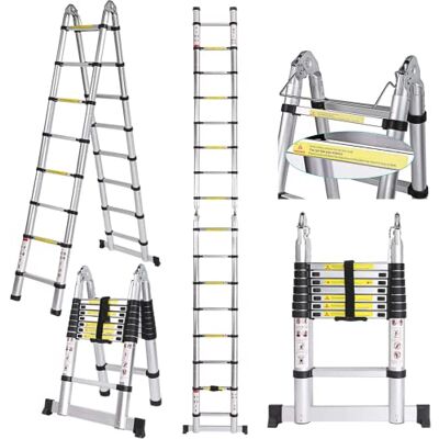 COOCHEER Scala telescopica da 5 m, in alluminio, allungabile con 16 pioli, scala pieghevole da 5 metri, scala multiuso fino a 150 kg, per soffitta e casa COOCHEER Scala telescopica da 5 m, in alluminio, allungabile con 16 pioli, scala pieghevole da 5 metri, scala multiuso fino a 150 kg, per soffitta e casa