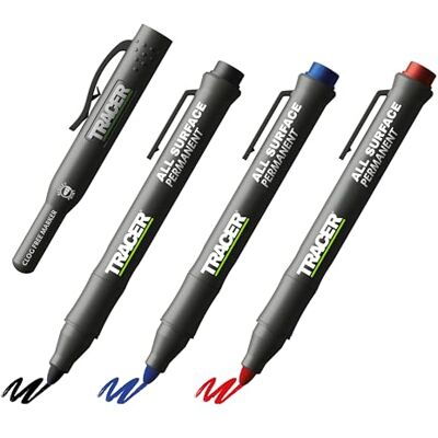 Tracer Kit di pennarelli da costruzione senza intasamenti con fondina (pennarelli multiuso perfetti per superfici lucide e polverose), nero, blu e rosso Tracer Kit di pennarelli da costruzione senza intasamenti con fondina (pennarelli multiuso perfetti per superfici lucide e polverose), nero, blu e rosso